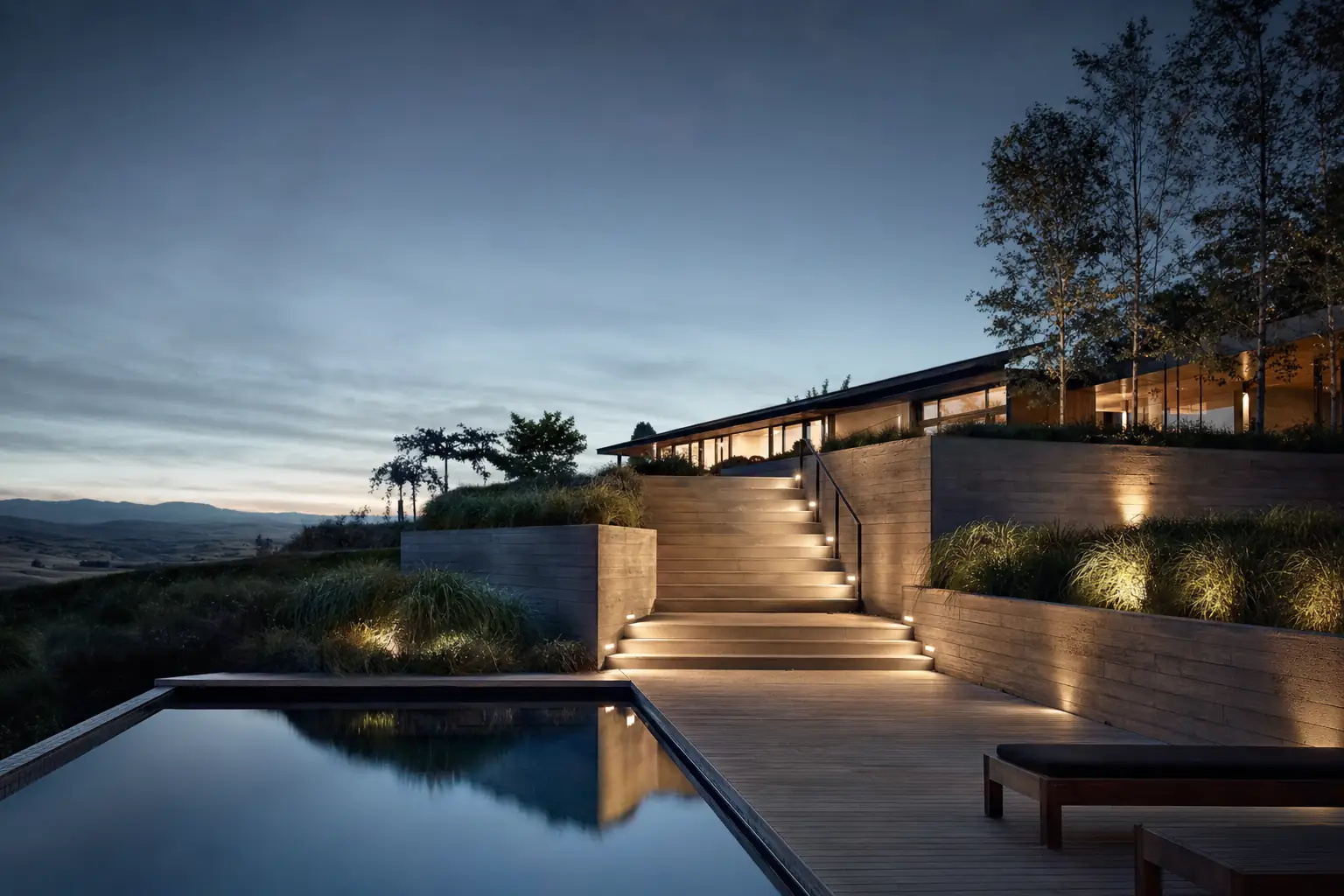 A finished landscaped garden at blue hour: lit concrete walls, stone steps, a hardwood deck and pool